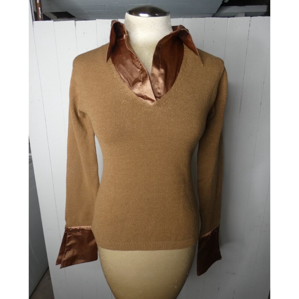 VTG Y2K Bette Sung Women's M Pullover Sweater Satin Colllar Cuff Details Rust